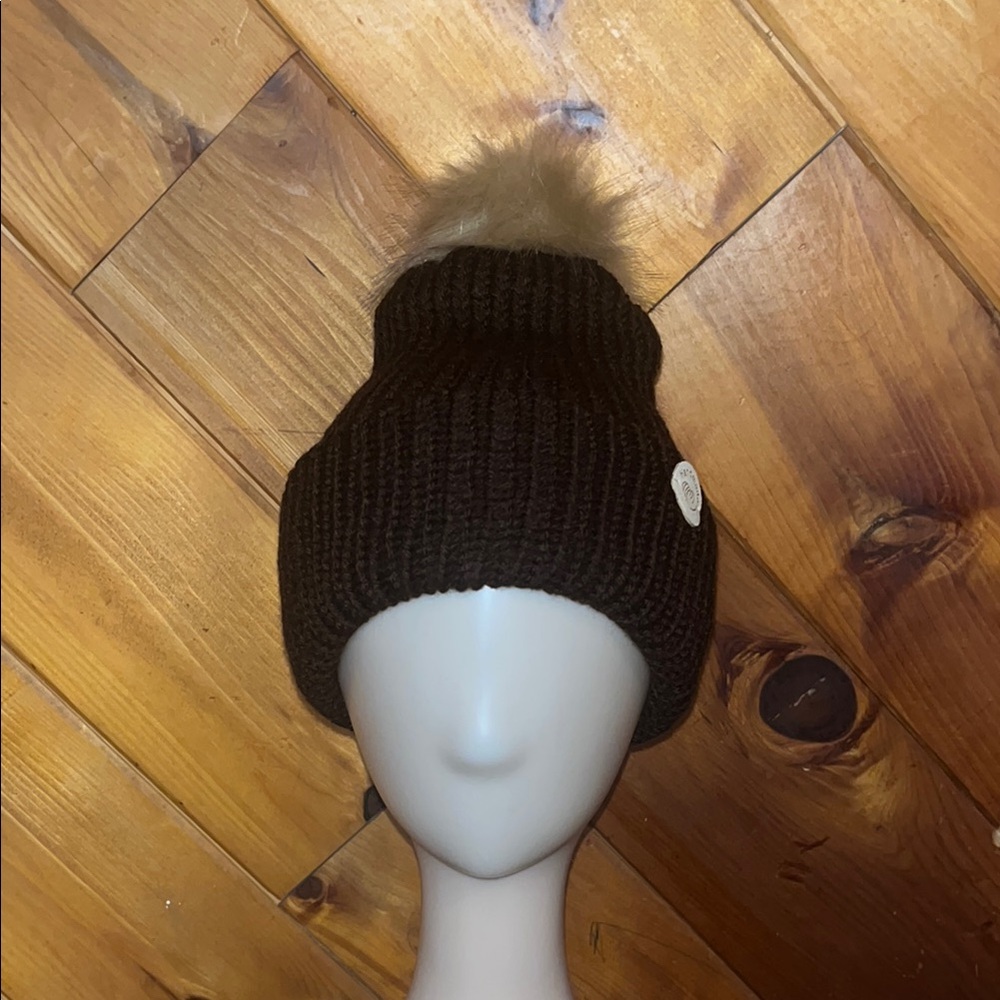 Hand Crafted- Dark Brown Double knitted beanie with a tan Pom Pom